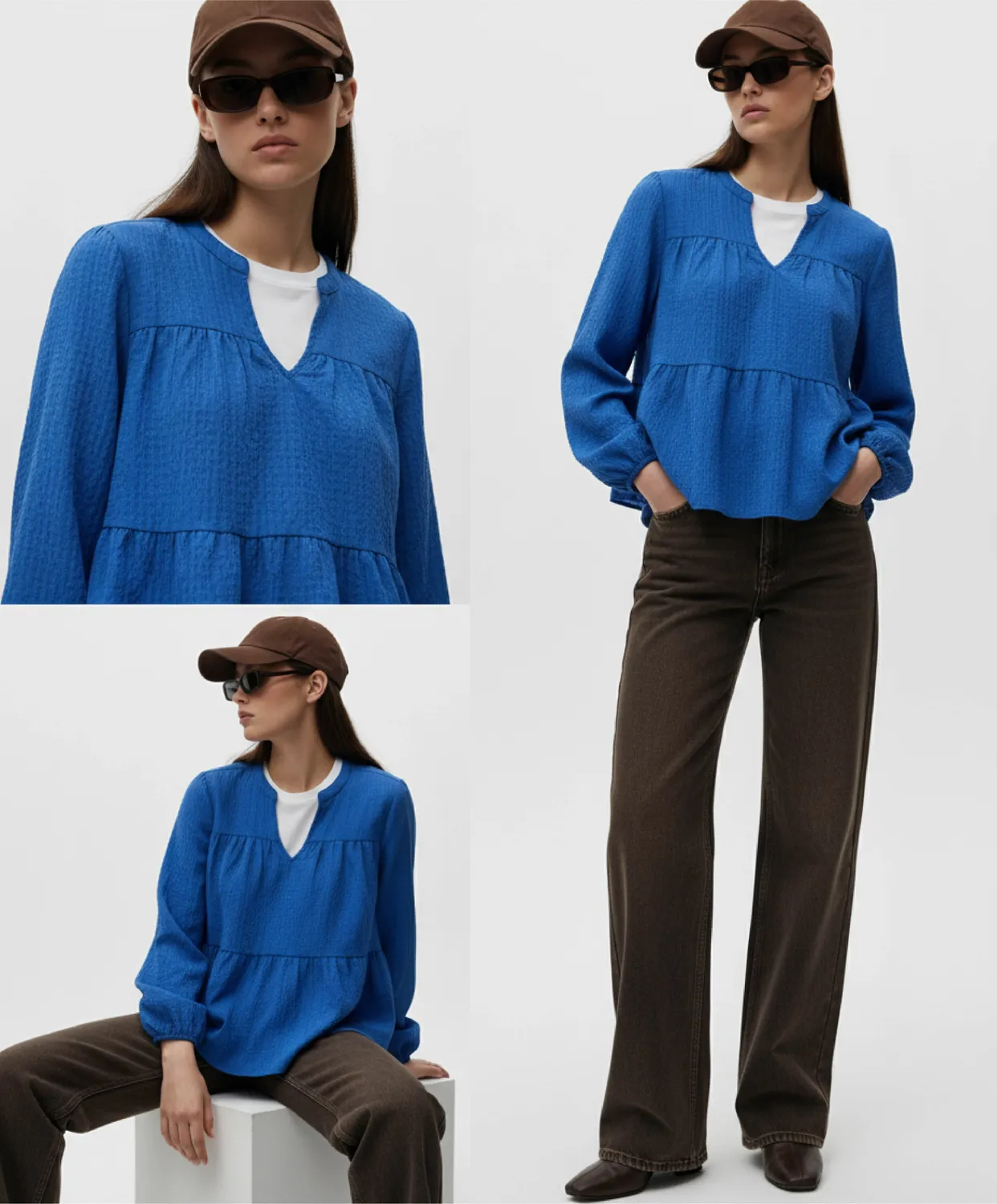 Moi Berlin bluse oceanblå polyester V-hals