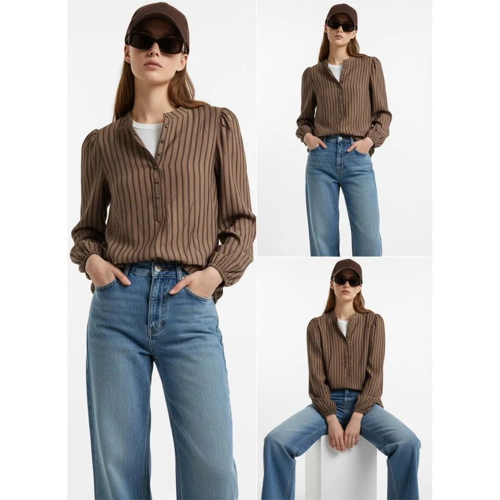 Moi Oslo L/S bluse brun stribet struktureret