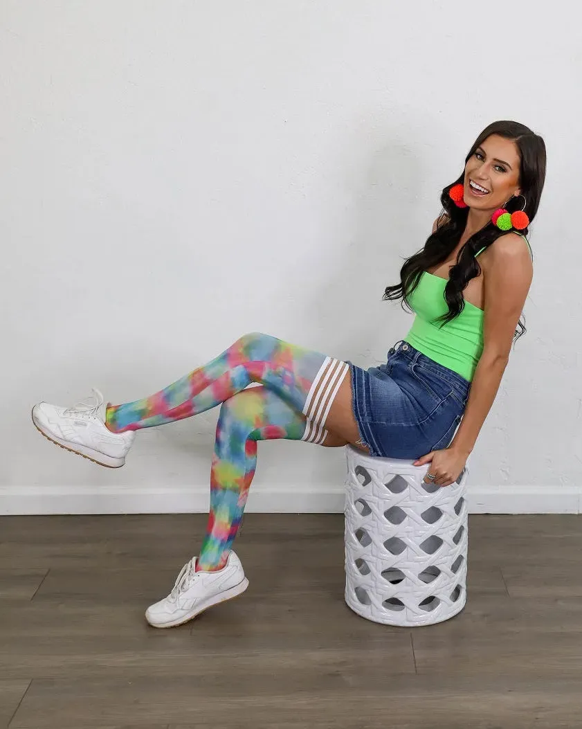 KIX'IES Gilly Rainbow Tie Dye lårstrømper str. A tie-dye
