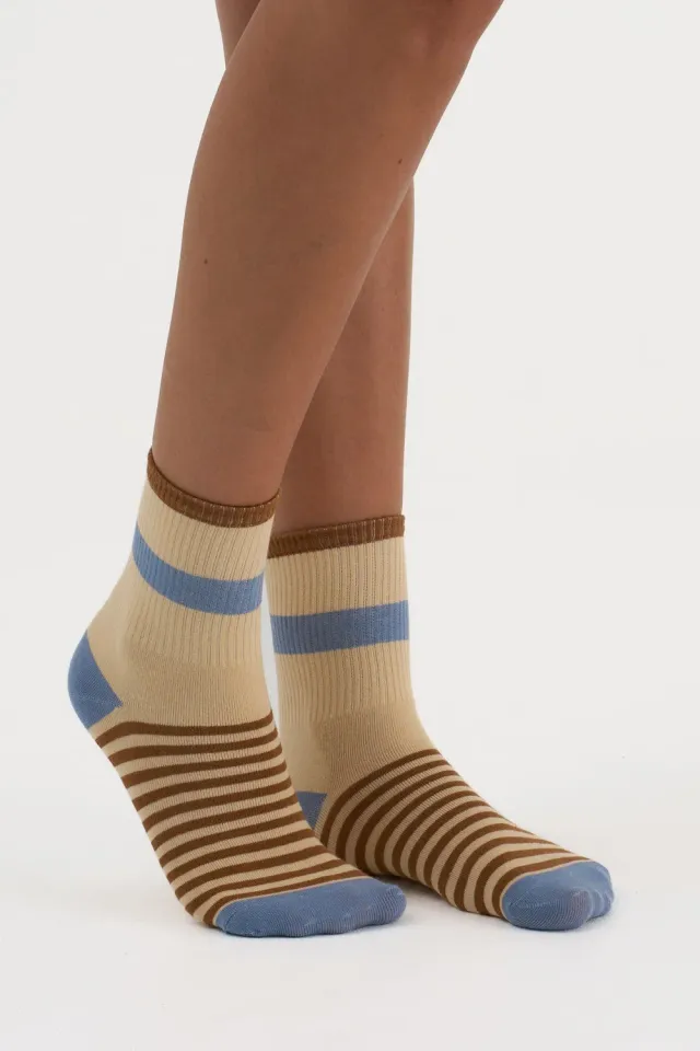 Moi Naya Big Stripe ankelsokker sand cognac blå