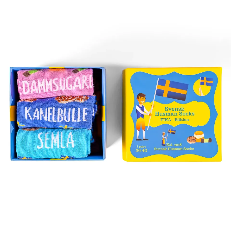 Svensk Husman Fika Gaveæske sokker 3-pak kanelbolle