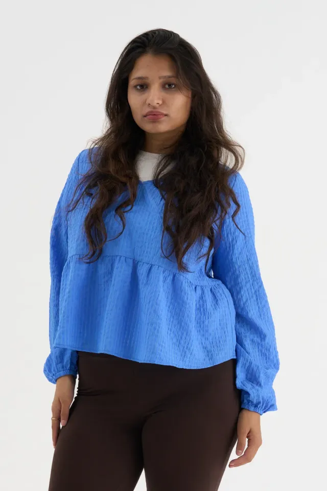 Moi Berlin bluse oceanblå polyester V-hals