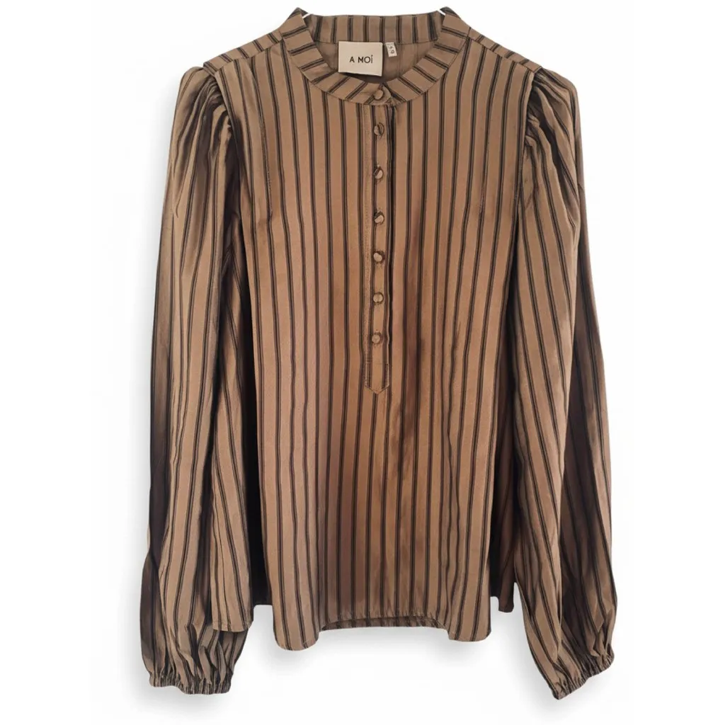 Moi Oslo L/S bluse brun stribet struktureret