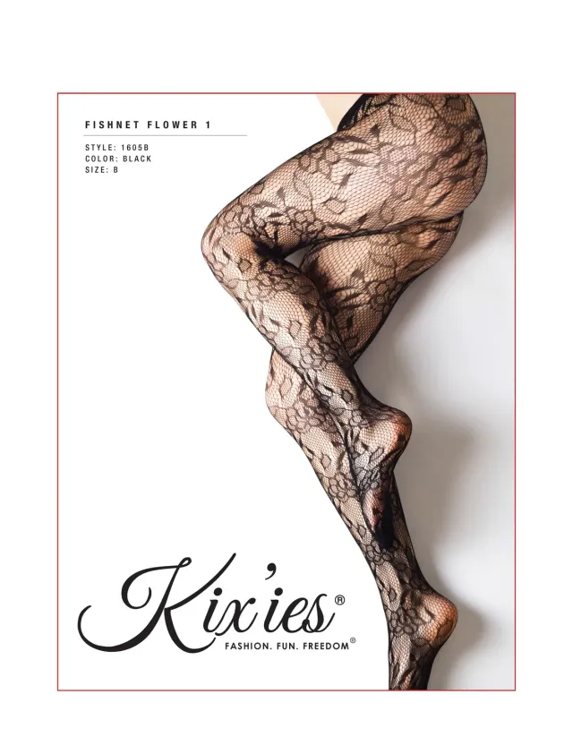 Kix'ies Fishnet Flower netstrømpebukser sort blomst