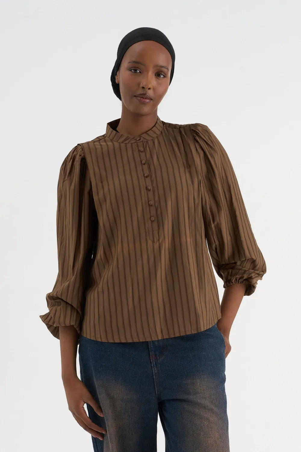 Moi Oslo L/S bluse brun stribet struktureret