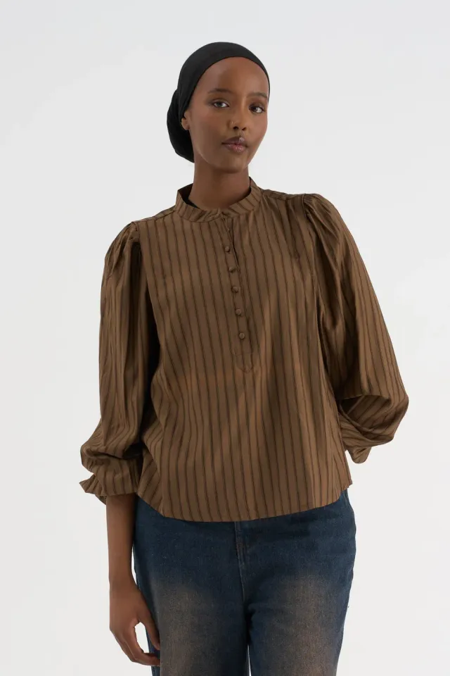 Moi Oslo L/S bluse brun stribet struktureret