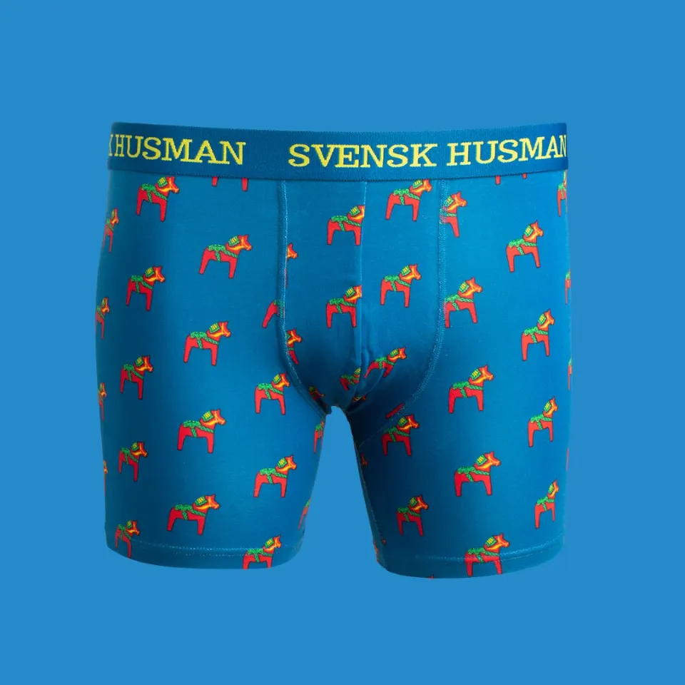 Svensk Husman Dalahäst blå boxershorts bomuld S-XXL